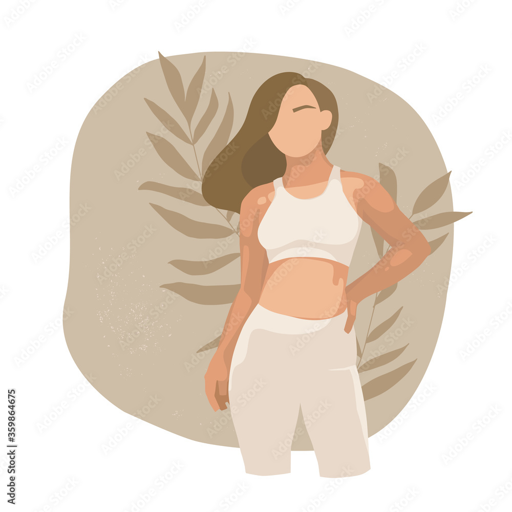 Girl figure on abstract background with leaves. Beautiful overweight woman in a sports uniform. Workout, weight loss, fitness at home. Minimalist modern portrait. Vector illustration, fashion.