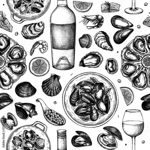 Seafood and wine illustrations seamless pattern. Hand-drawn shellfish - mussels, oyster, shrimps, caviar, fish sketches. Perfect for recipe, menu, delivery, packaging. Mediterranean cuisine background