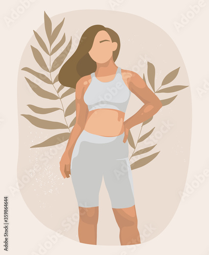 Girl in sportswear, modern portrait. Sports top and leggings. Abstract background with leaves of tropical plants. Vector illustration in a minimalistic style. Text space, template for an inscription.