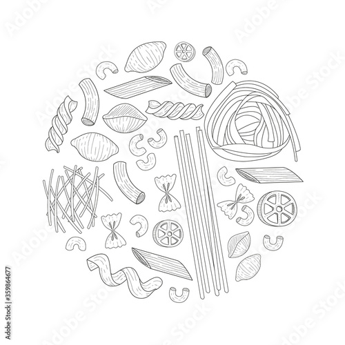 Italian Pasta of Circular Shape, Traditional Cuisine Dish, Food Menu, Restaurant, Cafe Flyer, Card, Business Promote Hand Drawn Vector Illustration