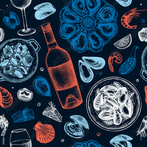 Seafood and wine illustrations seamless pattern. Hand drawn shellfish - mussels, oyster, shrimps, caviar, fish sketches. Perfect for recipe, menu, delivery, packaging. Mediterranean cuisine background