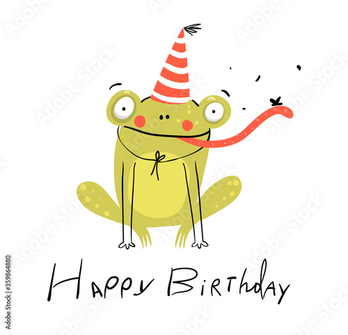 Funny cute birthday card with baby frog wearing party hat, cute smiling happy animal for children. Happy Birthday lettering hand drawn doodle design. Vector kids cartoon illustration.
