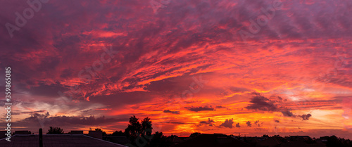 Pano of the amazing sunset or dawn sky, view under roofs and trees. Violet and orange colors.