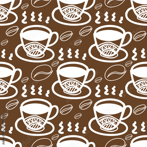 Seamless vector of white outline tribal style Motif art coffee cup on brown background for making many kinds of printing or textile graphic related Aboriginal  Maya  Inca  African trendy style