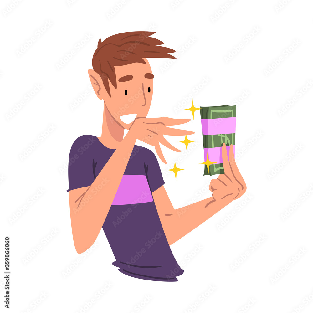 Surprised Young Man Holding Money Pack Bundle in His Hands Vector Illustration Surprised Young Man Holding Money Pack Bundle in His Hands Vector Illustration