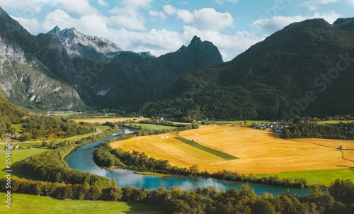 Aerial view Romsdal Mountains valley and river landscape in Norway Travel scenery nature Andalsnes summer season.