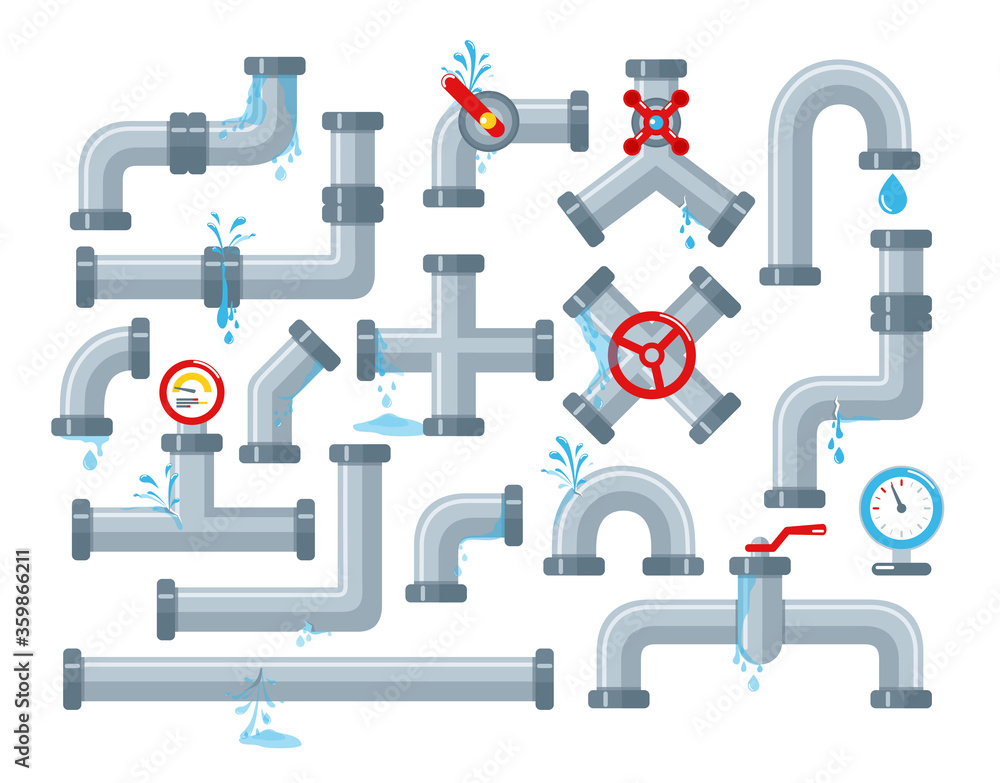 Vector set of details ware pipes system in flat style. Broken pipe with leaking water. Collection of water tube, leakage, plastic pipeline, leaking valve, dripping drain. Industrial technology. Vector set of details ware pipes system in flat style. Broken pipe with leaking water. Collection of water tube, leakage, plastic pipeline, leaking valve, dripping drain. Industrial technology.