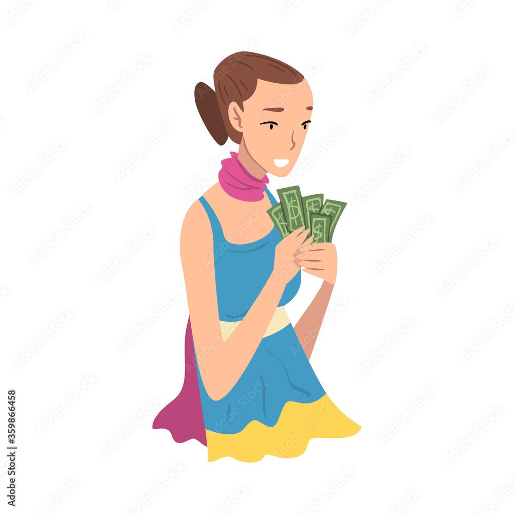Young Woman Holding Banknotes of Money in Her Hands Vector Illustration on White Background. Young Woman Holding Banknotes of Money in Her Hands Vector Illustration on White Background.