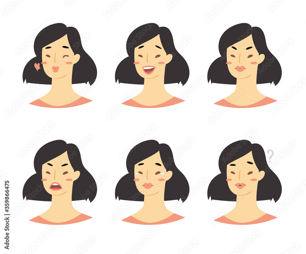 Cartoon set asian of woman emoticons. Emotion female icons. Isolated girl avatars with different facial expressions. Vector illustration of emotional faces for stickers, web, social network account Cartoon set asian of woman emoticons. Emotion female icons. Isolated girl avatars with different facial expressions. Vector illustration of emotional faces for stickers, web, social network account