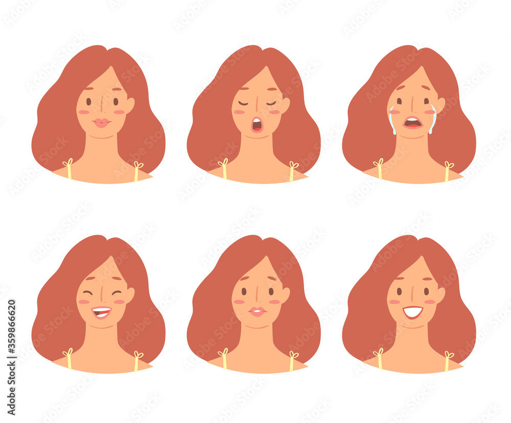 Cartoon set of European woman emoticons. Emotion female icons. Isolated girl avatars with different facial expressions. Vector illustration of emotional faces for stickers, web, social network account Cartoon set of European woman emoticons. Emotion female icons. Isolated girl avatars with different facial expressions. Vector illustration of emotional faces for stickers, web, social network account