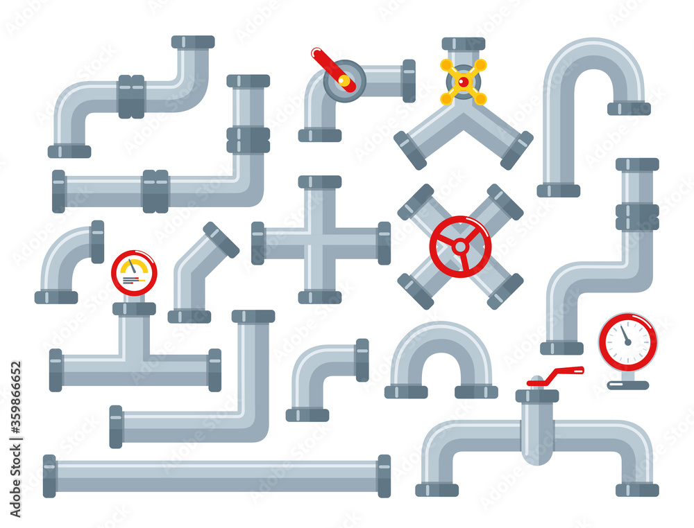 Vector set of details ware pipes system in flat style. Collection of water tube, plastic pipeline, filtres, gas valve, fittings, plumbing, faucet, sewage. Construction and industrial technology. Vector set of details ware pipes system in flat style. Collection of water tube, plastic pipeline, filtres, gas valve, fittings, plumbing, faucet, sewage. Construction and industrial technology.