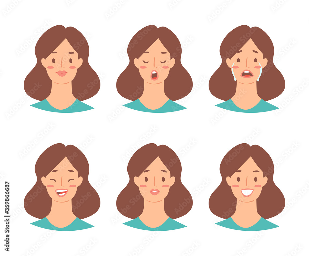 Cartoon set of European woman emoticons. Emotion female icons. Isolated girl avatars with different facial expressions. Vector illustration of emotional faces for stickers, web, social network account Cartoon set of European woman emoticons. Emotion female icons. Isolated girl avatars with different facial expressions. Vector illustration of emotional faces for stickers, web, social network account