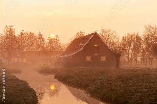 Morning sunrise sun reflected on a foggy Dutch traditional green wooden houses in the rural area of the Netherlands