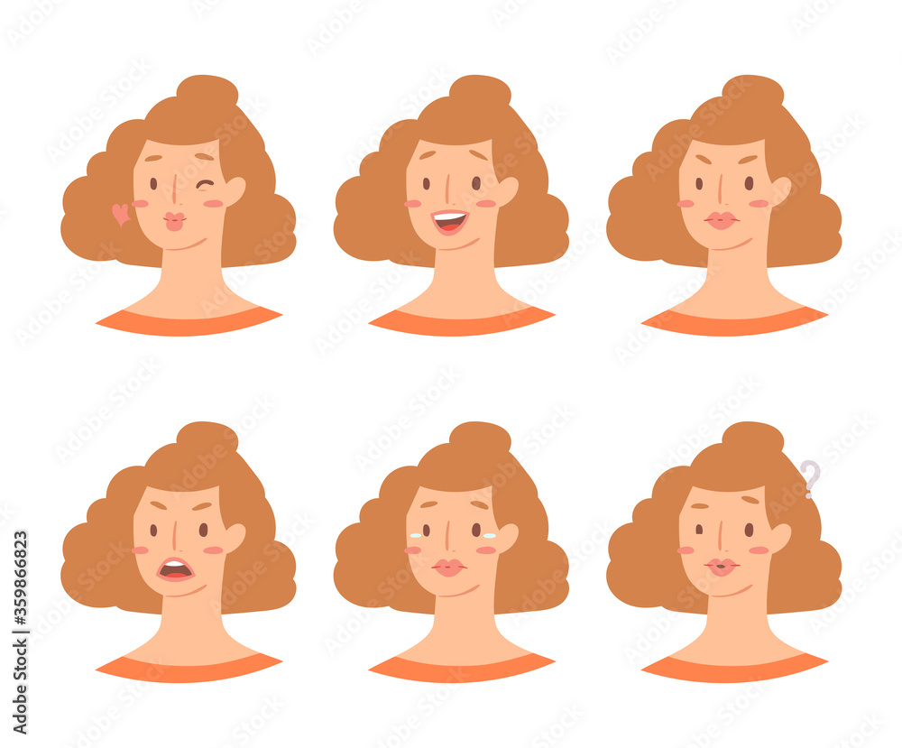 Cartoon set of European woman emoticons. Emotion female icons. Isolated girl avatars with different facial expressions. Vector illustration of emotional faces for stickers, web, social network account Cartoon set of European woman emoticons. Emotion female icons. Isolated girl avatars with different facial expressions. Vector illustration of emotional faces for stickers, web, social network account