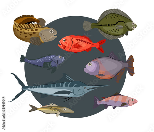 Fish set illustration. Different fishes on deep blue background. Can be used for topics like sea, wild world, fishing photo