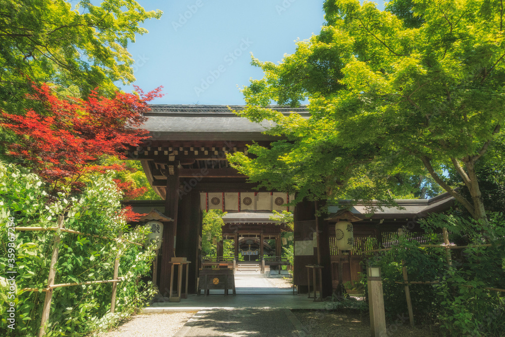 京都、梨木神社の神門と初夏の風景です