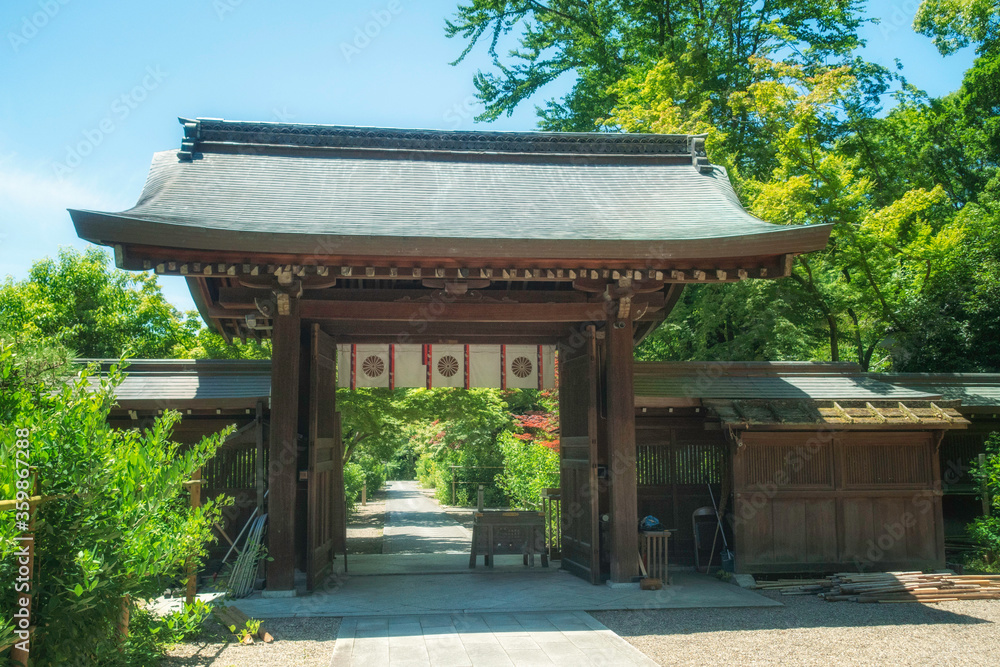 京都、梨木神社の神門と新緑美しい参道の風景です