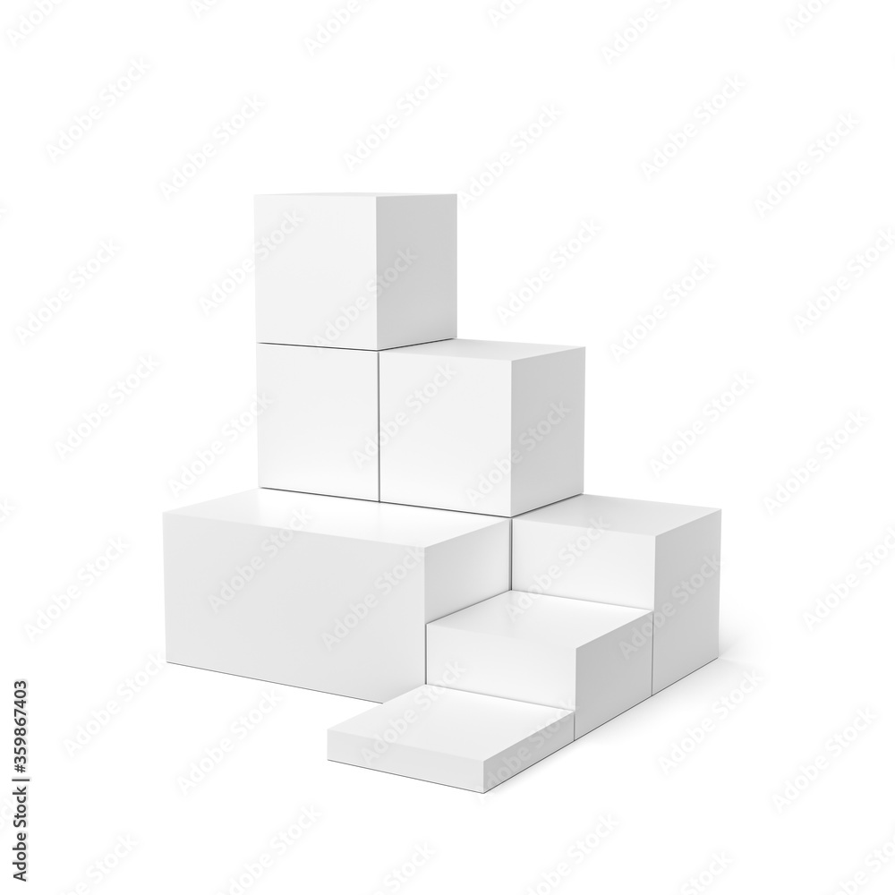 White product display and box pedestal on white background with cube shape. White pedestal or podium background. 3D rendering. White product display and box pedestal on white background with cube shape. White pedestal or podium background. 3D rendering.