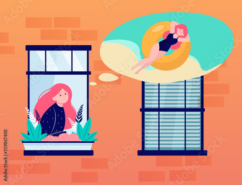 Young woman in window dreaming about sea. Travel, beach, weekend flat vector illustration. Vacation and summer concept for banner, website design or landing web page