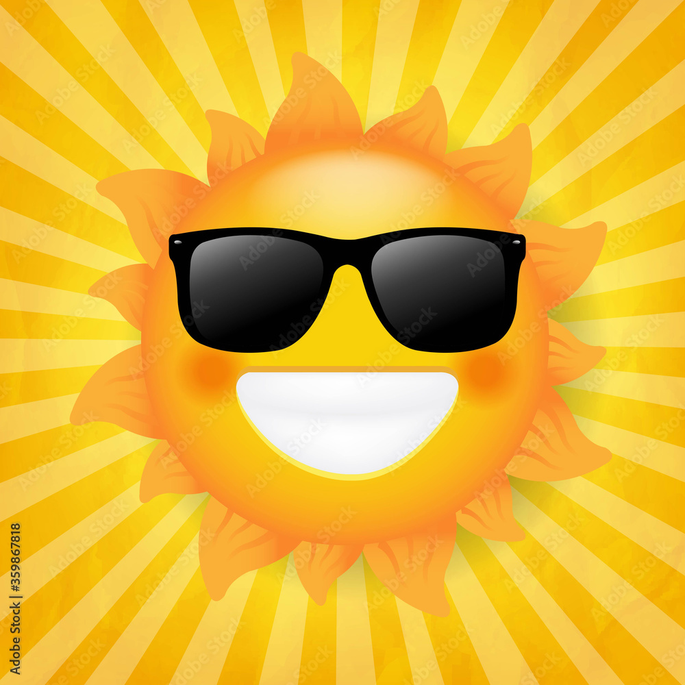 Sun With Sunglasses Isolated Sunburst Background With Gradient Mesh, Vector Illustration Sun With Sunglasses Isolated Sunburst Background With Gradient Mesh, Vector Illustration