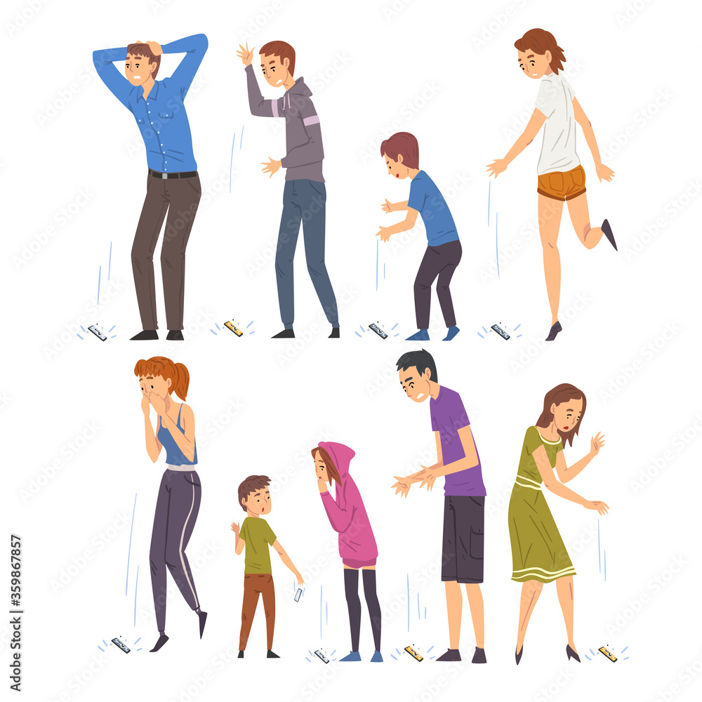 Fototapeta premium People Dropping Their Smartphones Set, Sad Men, Women and Children with Broken Phones Cartoon Style Vector Illustration on White Background