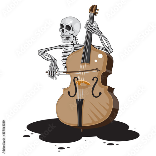 The character skeleton plays the double bass on a white isolated background. Vector image