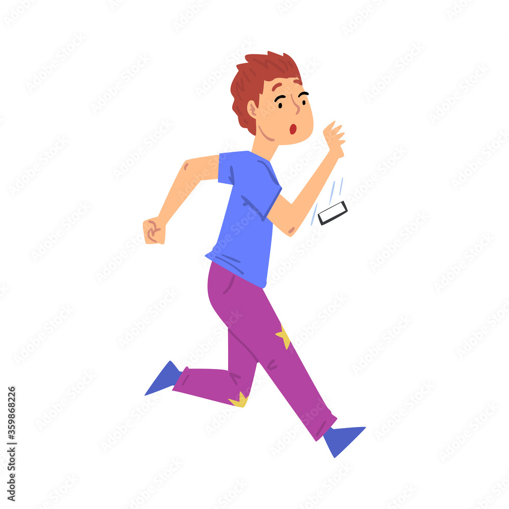 Boy Running and Dropping His Smartphone Cartoon Style Vector Illustration on White Background