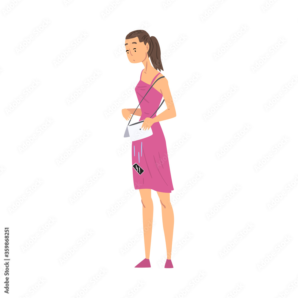 Scattered Girl Dropping Her Smartphone, Phone Dropped out of Handbag Cartoon Style Vector Illustration on White Background Scattered Girl Dropping Her Smartphone, Phone Dropped out of Handbag Cartoon Style Vector Illustration on White Background