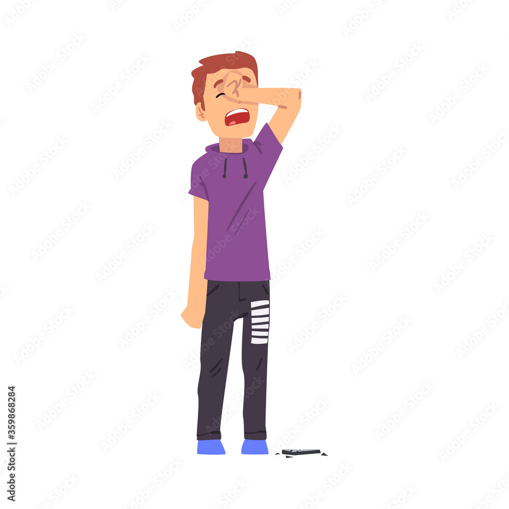 Upset Crying Boy with Broken Phone Cartoon Style Vector Illustration on White Background Upset Crying Boy with Broken Phone Cartoon Style Vector Illustration on White Background