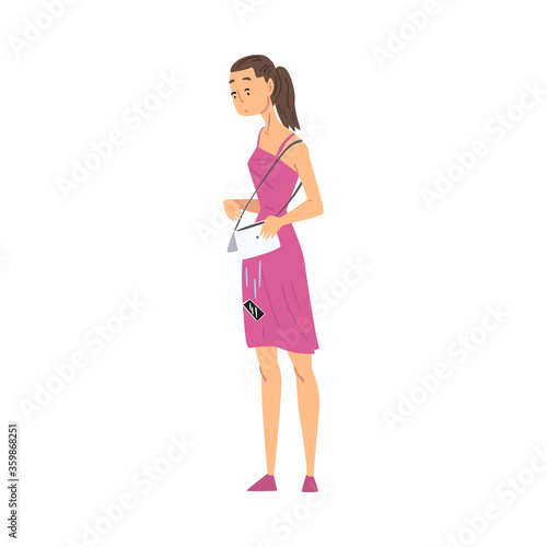 Scattered Girl Dropping Her Smartphone, Phone Dropped out of Handbag Cartoon Style Vector Illustration on White Background