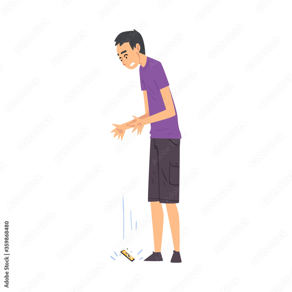 Young Man Dropping His Smartphone Down, Sad Person with Broken Phone Cartoon Style Vector Illustration on White Background Young Man Dropping His Smartphone Down, Sad Person with Broken Phone Cartoon Style Vector Illustration on White Background