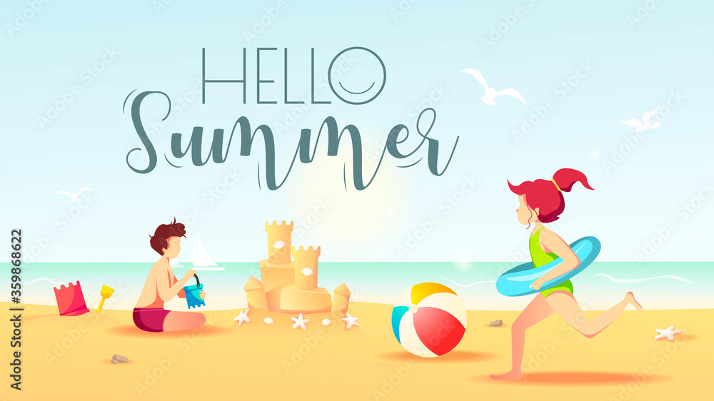Hello Summer card design with girl running with rubber ring and boy building a sand castle. Vector Illustration for Beach Holidays, Summer vacation, Leisure, Recreation, Nature, Childhood.