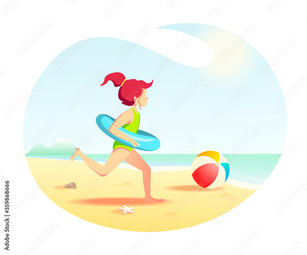 Girl running on the seashore with rubber ring. Isolated vector Illustration for Beach Holidays, Summer vacation, Leisure, Recreation, Nature, Childhood.