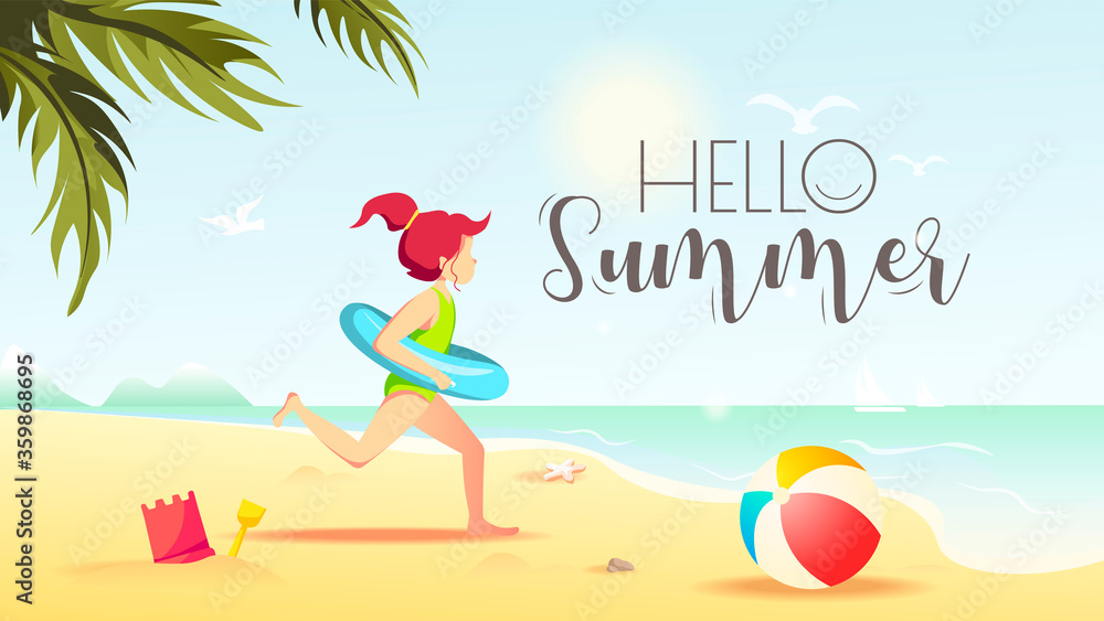 Hello Summer card design with girl running on the seashore with rubber ring. Vector Illustration for Beach Holidays, Summer vacation, Leisure, Recreation, Nature, Childhood.