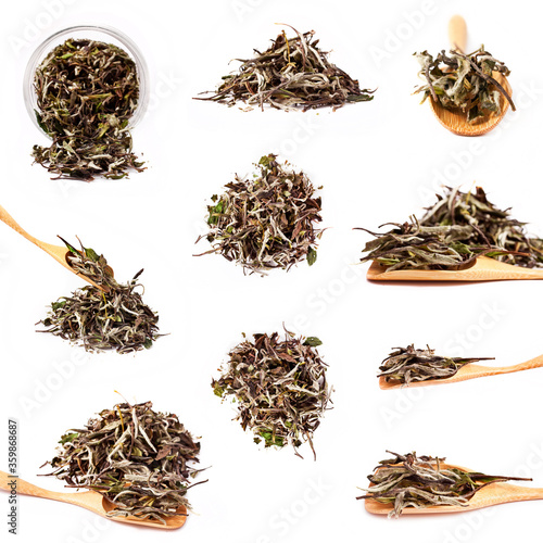 Collection of Bai Mu Dan (White Peony) chinese white tea isolated on a white background.