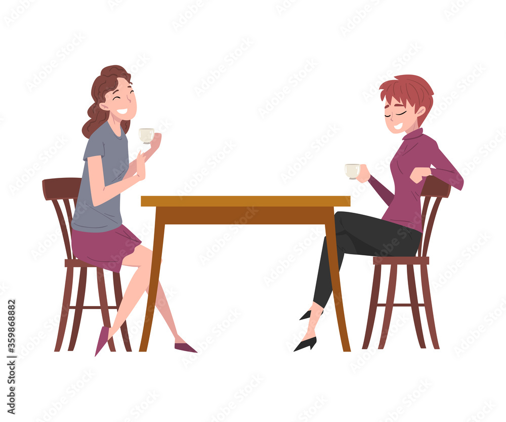 Two Girls Sitting at Table in Cafe, People Drinking Coffee and Relaxing at Coffeehouse or Coffee Shop Vector Illustration Two Girls Sitting at Table in Cafe, People Drinking Coffee and Relaxing at Coffeehouse or Coffee Shop Vector Illustration