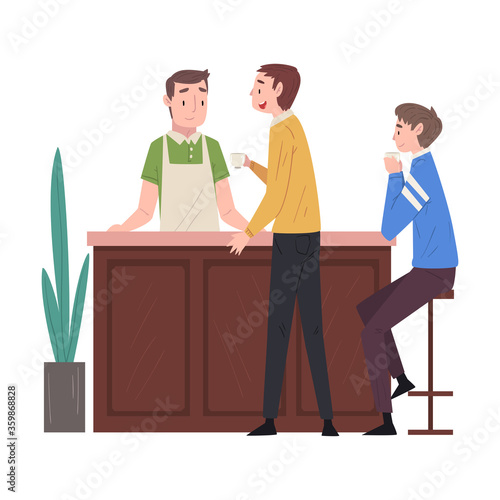 Barista or Barman Serving Clients, Male Customers Standing and Sitting at Counter Vector Illustration