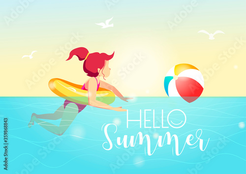 Card design with girl swimming in the sea with rubber ring and ball. Vector Illustration for Beach Holidays, Summer vacation, Leisure, Recreation, Nature, Childhood.