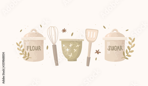 Kitchenware. Storage jars with the words "flour" and "sugar". Bowl, whisk, spatula. Cooking at home, pastries, sweets, pancakes. Flat style icons. Background with texture. Template for text, postcard.