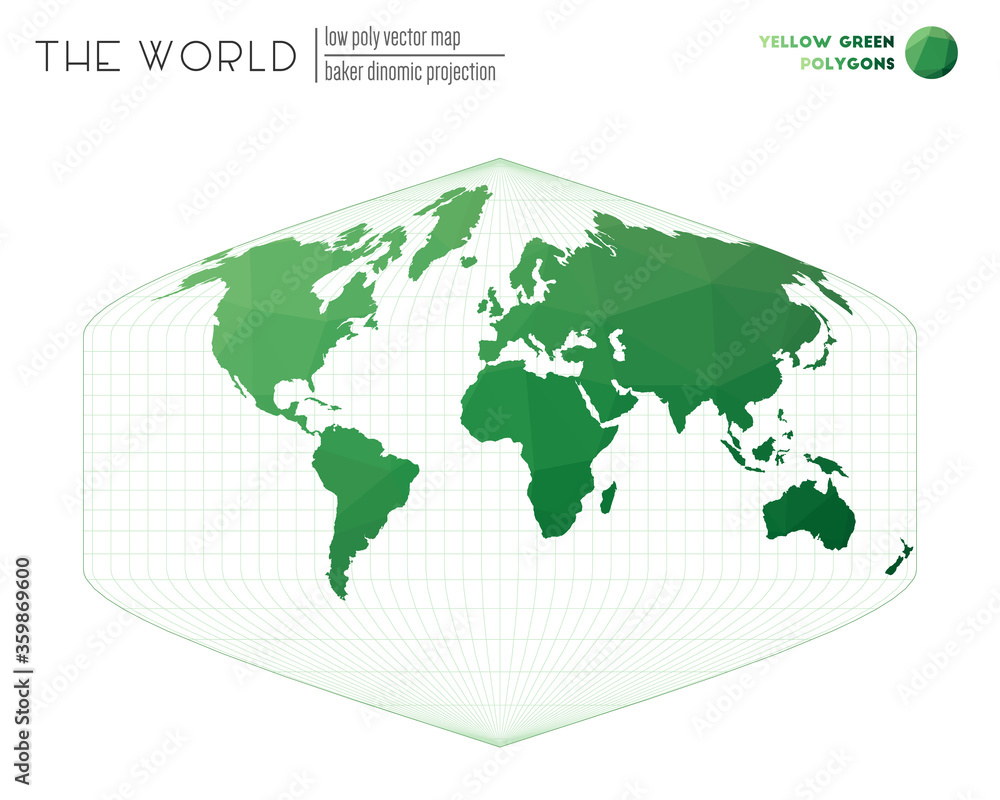 Vector map of the world using Baker Dinomic projection. Yellow-green colored polygons. Awesome vector illustration. Vector map of the world using Baker Dinomic projection. Yellow-green colored polygons. Awesome vector illustration.