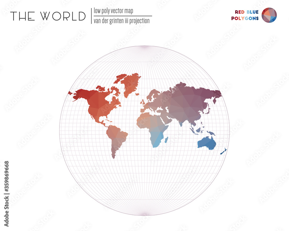 Abstract geometric world map. Van der Grinten III projection of the world. Red and blue colored polygons. Energetic vector illustration. Abstract geometric world map. Van der Grinten III projection of the world. Red and blue colored polygons. Energetic vector illustration.