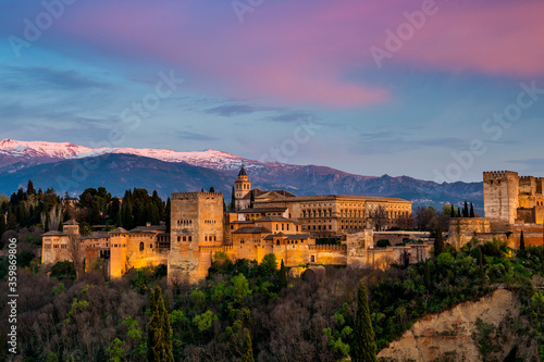 Wallpaper Mural Red sunset clouds over Alhambra palace, Granada City, Granada province, Andalusia, Spain Torontodigital.ca