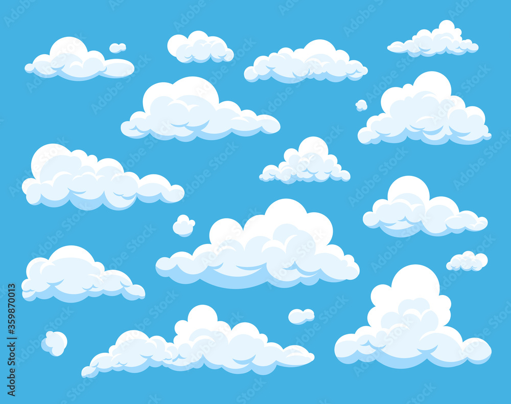 Vector set of cartoon clouds isolated on blue background. Collection of cloud icons in flat style. Cloudscape illustration. Symbol for label, logo, pattern, web site, poster, wallpaper and print.