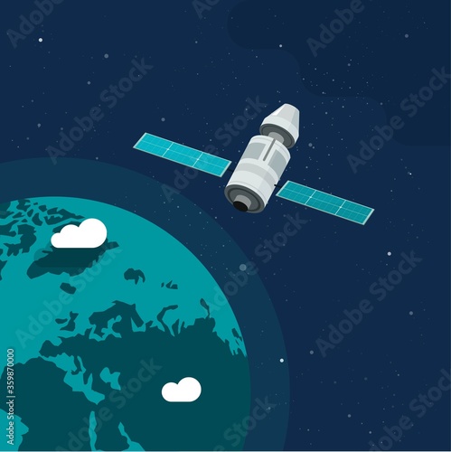 Satellite ship in orbit of outer space earth planet vector illustration flat cartoon, station flying around world in cosmos or universe closeup