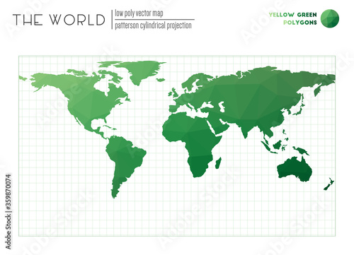 Abstract world map. Patterson cylindrical projection of the world. Yellow Green colored polygons. Elegant vector illustration.