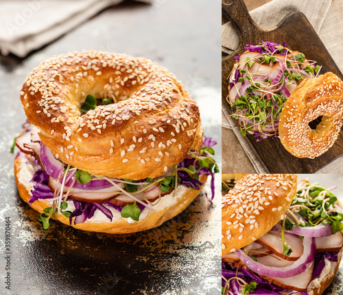 collage of fresh delicious bagel with meat, red onion, cream cheese and sprouts on wooden cutting board on textured surface