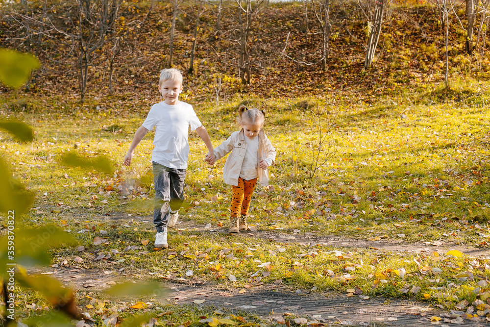 Fototapeta premium Brother and sister are walking in nature. Autumn photo of children. Little girl and boy together among yellow autumn foliage and grass. High quality photo