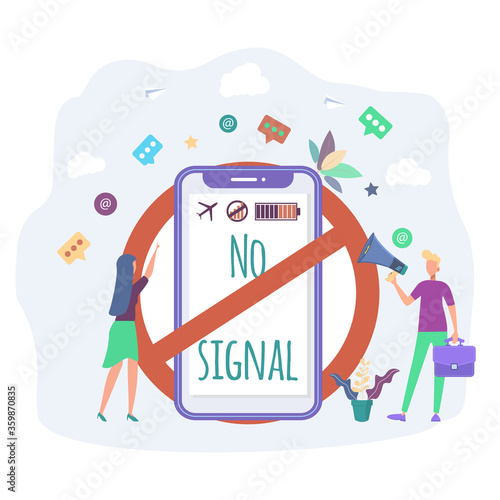 There is no signal on the smartphone. The concept of a ban on the use of mobile communications, smartphones and computers. No mobile connection. Colorful vector illustration.
