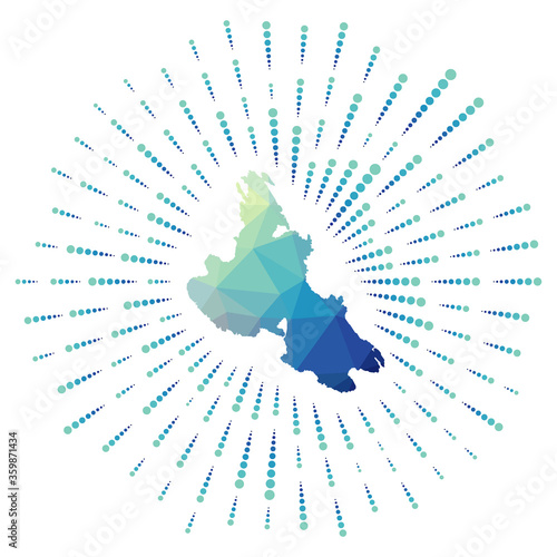 Shape of Krk, polygonal sunburst. Map of the island with colorful star rays. Krk illustration in digital, technology, internet, network style. Vector illustration.