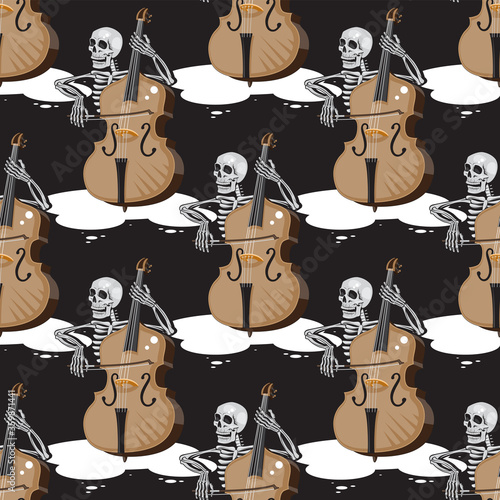 seamless skeleton pattern playing double bass black cartoon background. Vector image